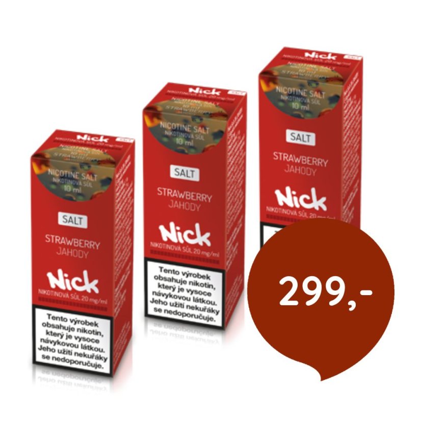 3 ks Nick e-liquid STRAWBERRY NICOTINE SALT 20 mg, 10 ml - cena sady 299 Kč