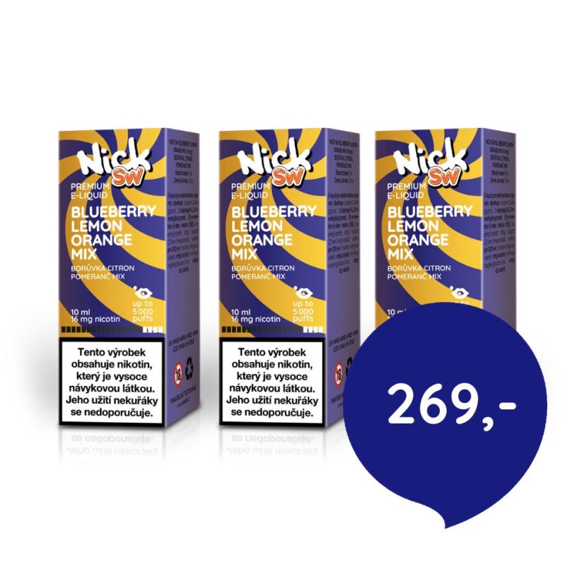 3 ks Nick e-liquid SW BLUEBERRY CITRUS MIX 16 mg, 10 ml - cena sady 269 Kč